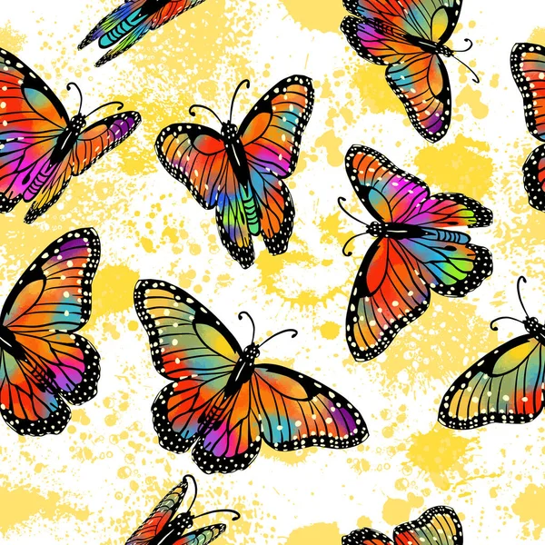 Seamless background of rainbow butterflies. Vector illustration —  Vetores de Stock