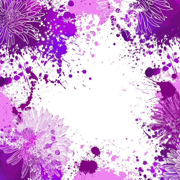 Rámeček na pozadí s fialovými skvrnami a květinami. Vektorová ilustrace — Stockový vektor