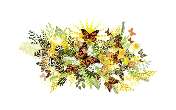 Abstracción floral de verano con mariposas. Ilustración vectorial — Vector de stock