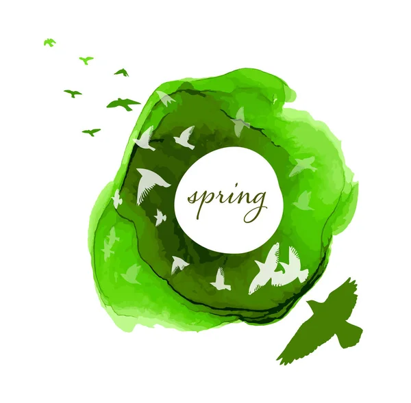 Aquarelle d'abstraction de printemps. Tache verte et oiseaux volants. Illustration vectorielle — Image vectorielle