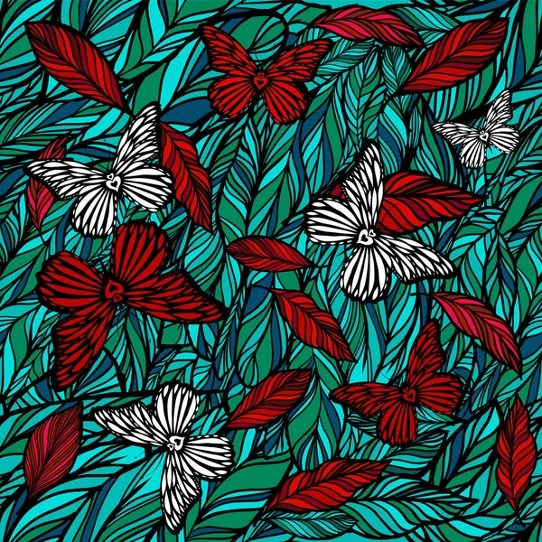 Grafica blu, rosso, fiori bianchi e farfalle modello senza soluzione di continuità. Illustrazione vettoriale — Vettoriale Stock