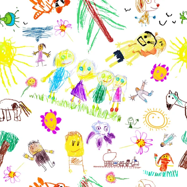 Bezproblémové pozadí dětských rodinných kreseb. Vektorová ilustrace — Stockový vektor