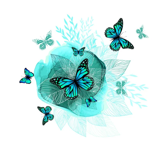 Αφαίρεση από μπλε λουλούδια και πεταλούδες. Εικονογράφηση διανύσματος — Διανυσματικό Αρχείο