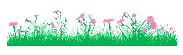 Silhouette of green grass and pink flowers. Beautiful meadow with flying butterflies. Vector illustration — стоковый вектор