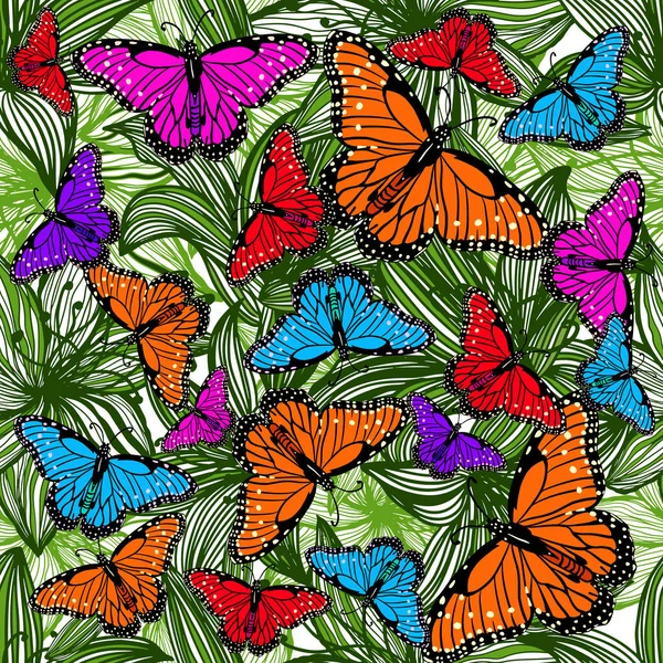 Bunte Schmetterlinge mit grafischen Blüten. Nahtloser Vektorhintergrund — Stockvektor