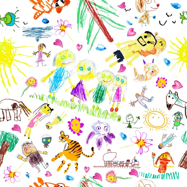 Seamless background of childrens family drawings. Vector illustration — стоковый вектор