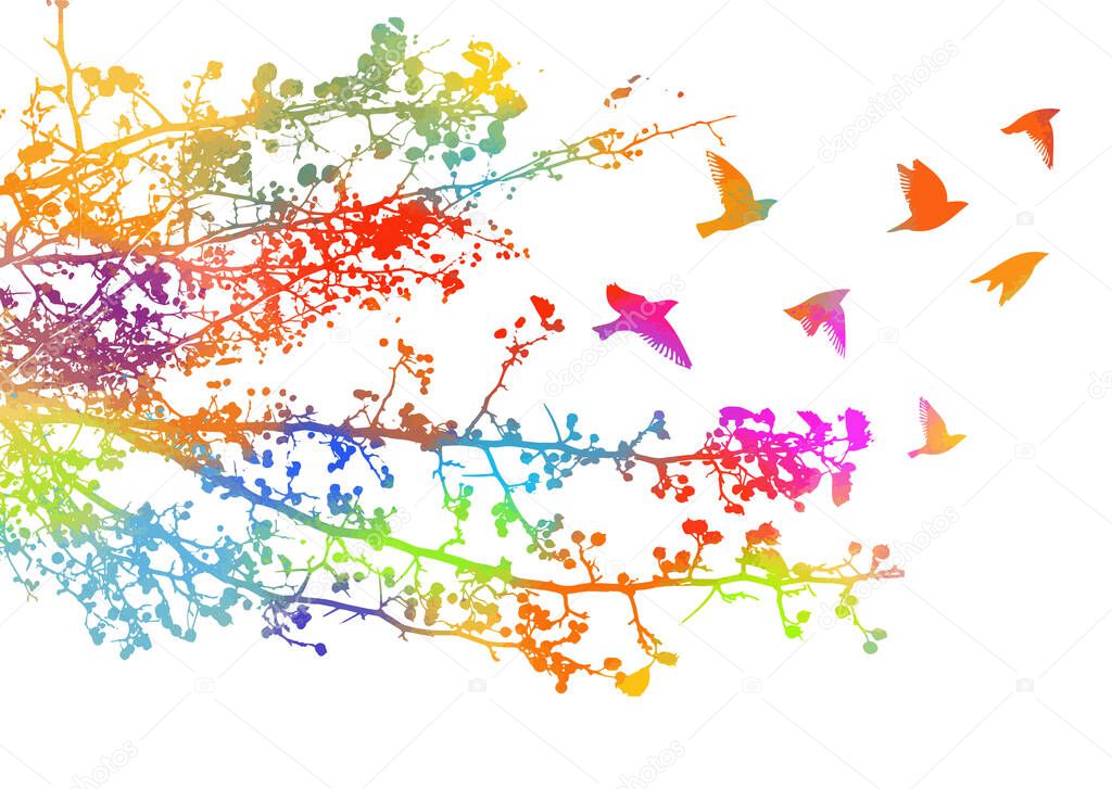 Branches of a multicolored tree with flying birds. Vector illustration