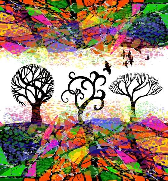 Árboles multicolores abstractos con aves voladoras. Ilustración vectorial — Archivo Imágenes Vectoriales