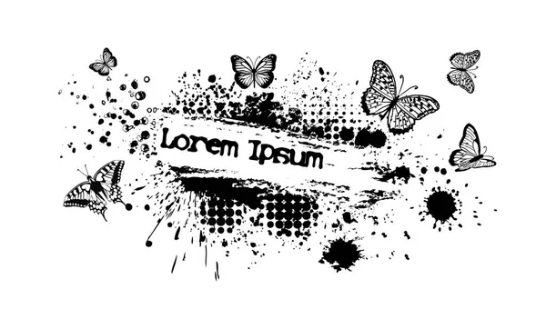 Paint stains black blotch background. Grunge Design Element. Brush Strokes. Frame for text with butterflies . Vector illustration — 스톡 벡터