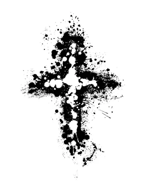 Icono de cruz grunge negro dibujado a mano, signo de cruz cristiana simple, símbolo de cruz pintado a mano creado con cepillo de tinta real aislado sobre fondo blanco . — Vector de stock