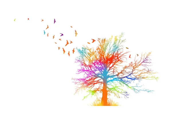 A beautiful multicolored tree with birds . Vector illustration — Archivo Imágenes Vectoriales