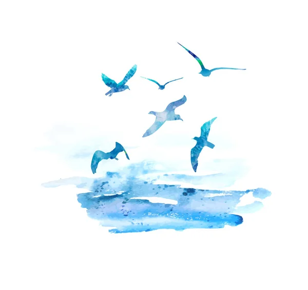 Létající modří akvarelní racci. Vektorová ilustrace — Stockový vektor