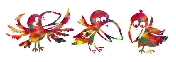 Corvos multicoloridos engraçados. Pássaro dos desenhos animados alegre. Ilustração vetorial — Vetor de Stock