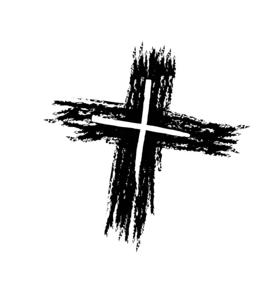 Ruky nakreslené černé grunge kříž ikonu, jednoduché křesťanské křížku, ručně malované symbolu kříže vytvořené štětcem reálné barvy izolovaných na bílém pozadí. — Stockový vektor