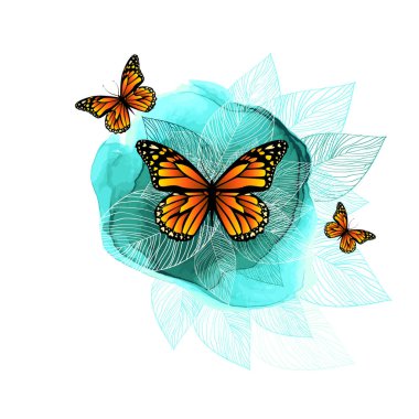 Mavi yapraklar ve turuncu kelebeklerden soyutlama. Vektör illüstrasyonu