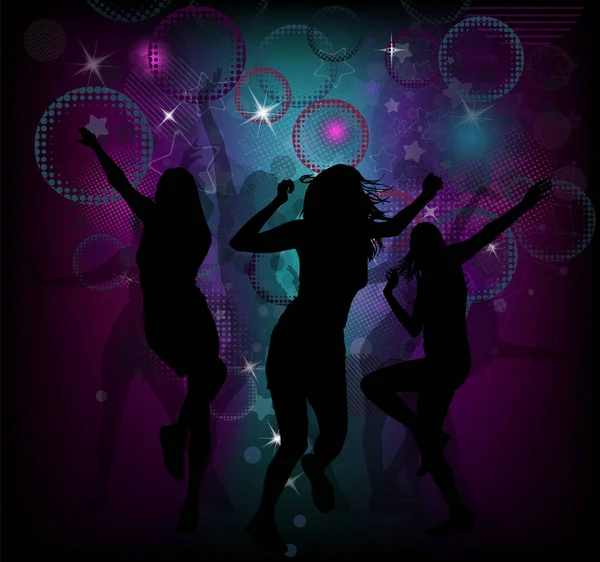 Silueta de chicas bailando en una discoteca. Ilustración vectorial — Vector de stock