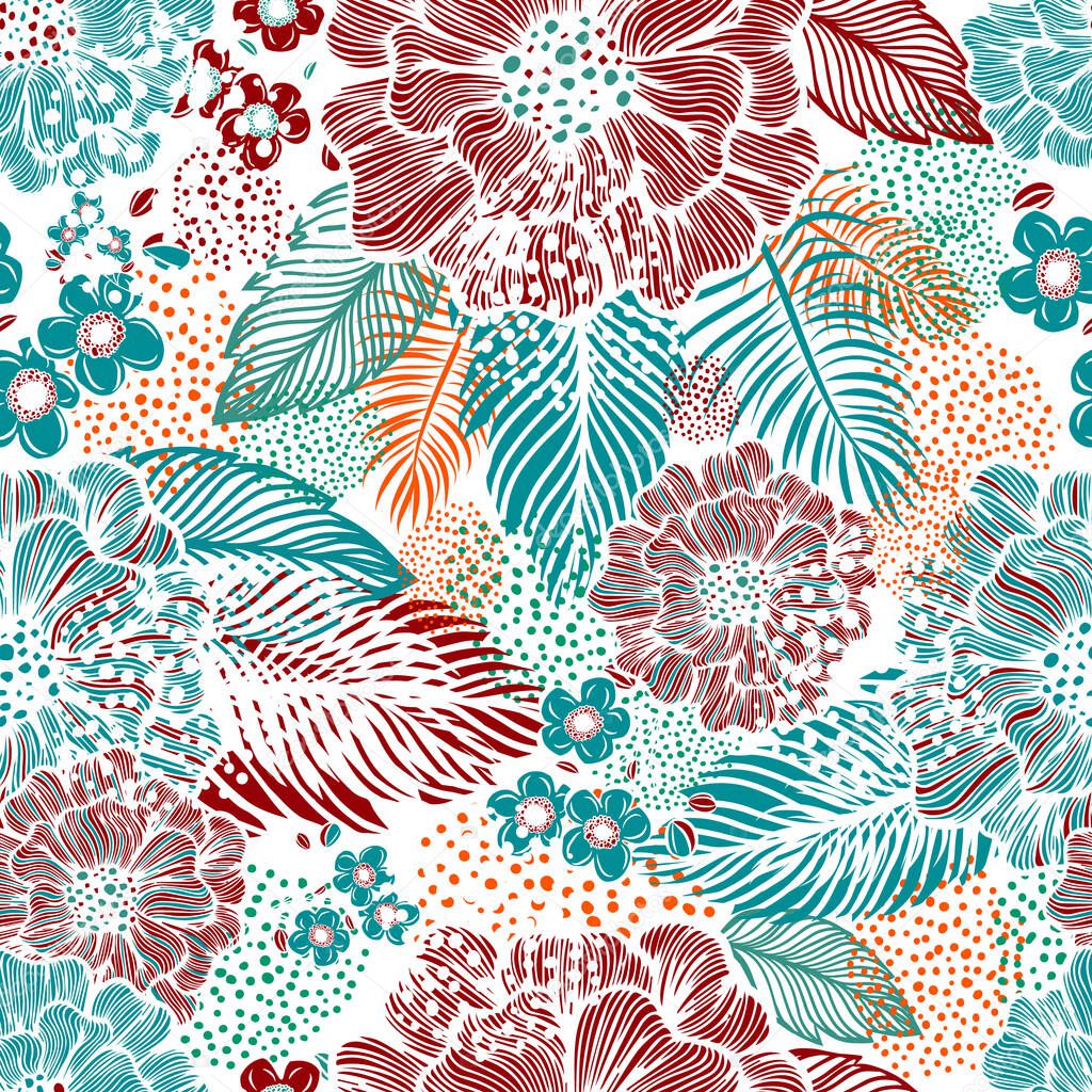 Seamless background from multicolored flowers and butterflies. Vector illustration