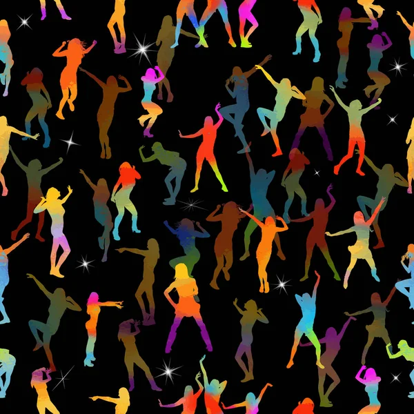 Seamless dark background multi-colored dancing people. Vector illustration — Stok Vektör