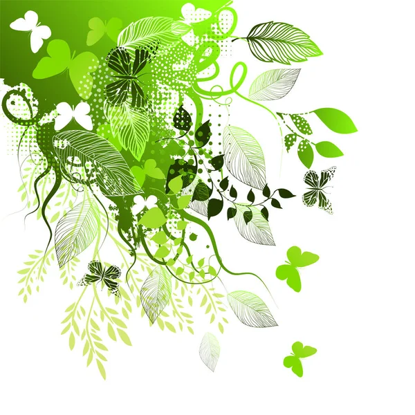 Green floral abstraction with butterflies and leaves. Hello summer. Vector illustration — Stock vektor