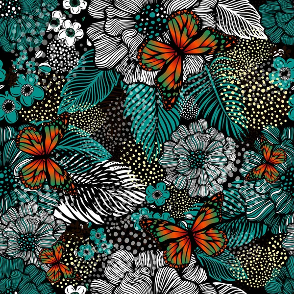 Seamless background from multicolored flowers and butterflies. Vector illustration — Διανυσματικό Αρχείο