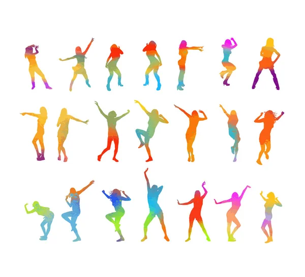 Bailando chicas coloridas. Conjunto de siluetas de arco iris. Ilustración vectorial — Vector de stock