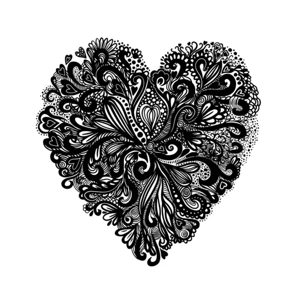 Virág szív. Csokor összetétele, kézzel rajzolt virágok és növények. Fekete-fehér vektor romantikus szerelem illusztráció vázlat stílusú. Valentin-napi üdvözlőlap — Stock Vector