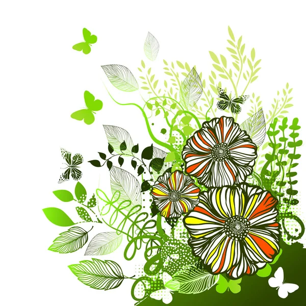 Grön blommig abstraktion med fjärilar och blommor. Hej sommar. Vektorillustration — Stock vektor