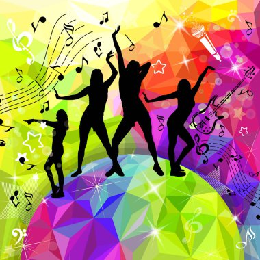 Diskoda dans eden kızların silueti. Vektör illüstrasyonu