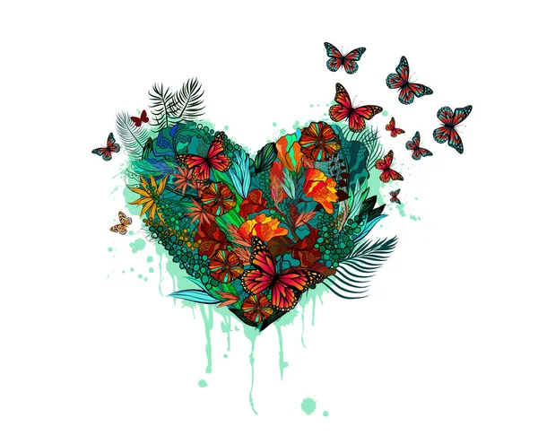 Un corazón gráfico de flores. Feliz día de San Valentín. Ilustración vectorial — Archivo Imágenes Vectoriales