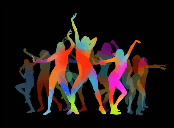 Bailando chicas coloridas. sobre un fondo negro. Fiesta nocturna. Ilustración vectorial — Vector de stock