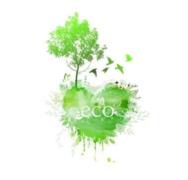 Ekoloji. Çevre koruma. Yeşil çimenler ve kuşlu bir ağaç. Vektör illüstrasyonu
