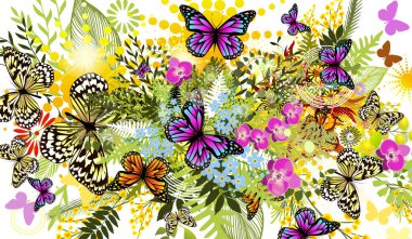 Kelebeklerle süslü bir yaz soyutlaması. Vektör illüstrasyonu