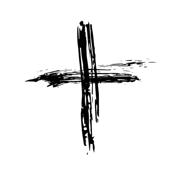 Hand drawn black grunge cross icon, simple Christian cross sign, hand-painted cross symbol created with real ink brush isolated on white background. — Stock Vector