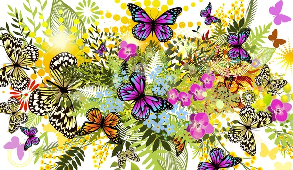 Florale Sommerabstraktion mit Schmetterlingen. Vektorillustration — Stockvektor
