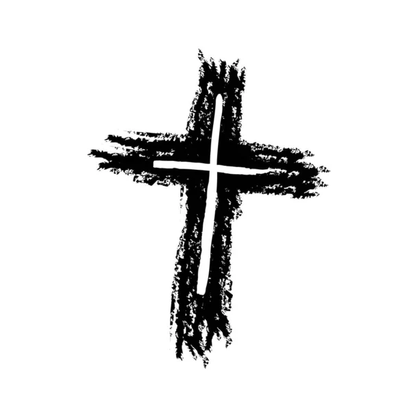 Icono de cruz grunge negro dibujado a mano, signo de cruz cristiana simple, símbolo de cruz pintado a mano creado con cepillo de tinta real aislado sobre fondo blanco . — Archivo Imágenes Vectoriales