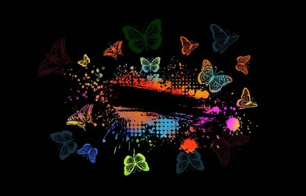 Αφηρημένες πολύχρωμες κηλίδες. Πλαίσιο για κείμενο με πεταλούδες. Σε σκοτεινό φόντο. Εικονογράφηση διανύσματος — Διανυσματικό Αρχείο