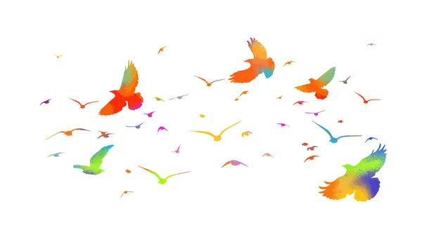 Разноцветные птицы. Стая летающих радужных птиц. Векторная иллюстрация — стоковый вектор