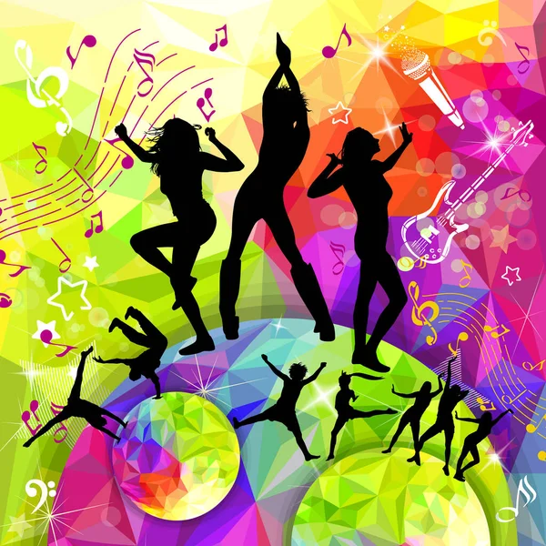 Silhouette of girls dancing in a disco. Vector illustration — Vetor de Stock