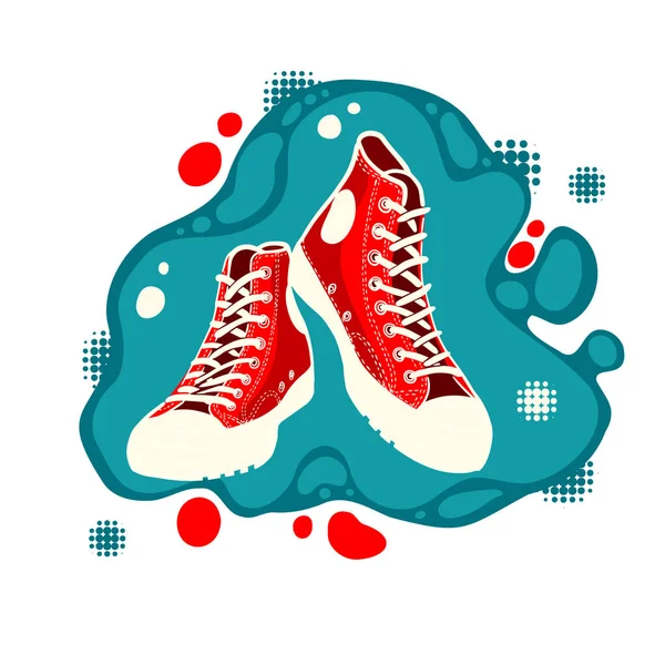 Ilustración vectorial. Zapatilla textil roja par con puntera de goma y cordones sueltos. Impresión dibujada a mano con contorno. Zapatos de los adolescentes patinadores modernos. — Archivo Imágenes Vectoriales