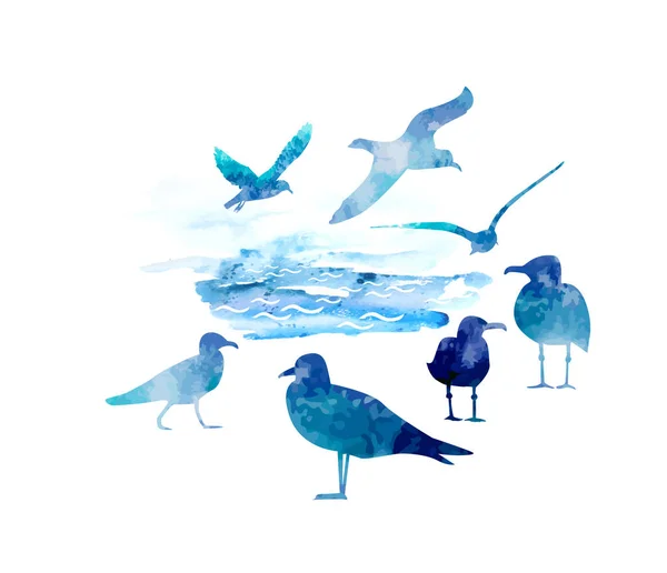 Gaviotas acuarelas azules voladoras. Ilustración vectorial — Vector de stock