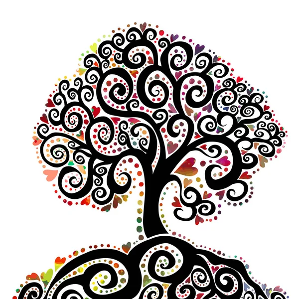 Albero nero astratto grafico con cuori multicolori. Buon San Valentino. Illustrazione vettoriale — Vettoriale Stock