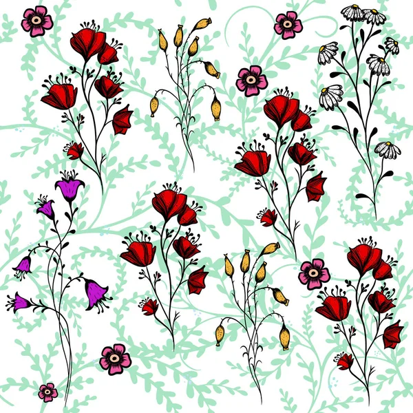 Fondo verde sin costuras hermosas ramitas y flores rojas. Ilustración vectorial — Vector de stock