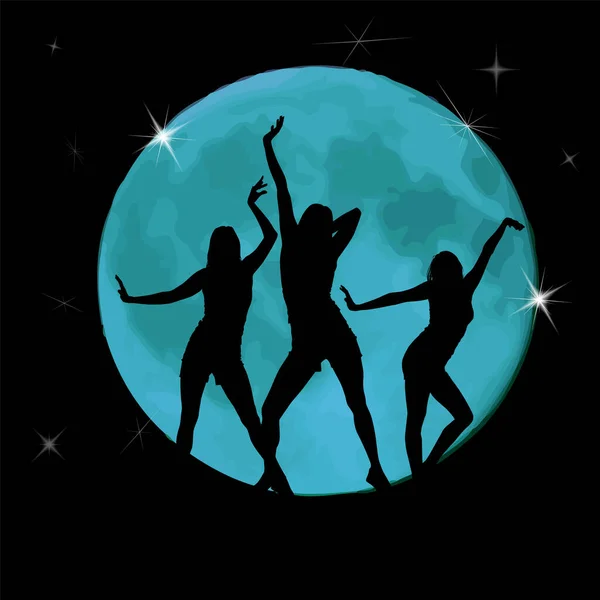 Silhueta de meninas dançando em uma discoteca. sobre um fundo preto. Festa nocturna. Luz lunar. Ilustração vetorial — Vetor de Stock
