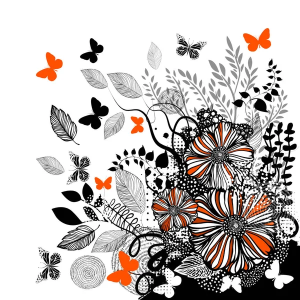 Abstracción floral negra y naranja con mariposas y flores. Hola verano. Ilustración vectorial — Vector de stock