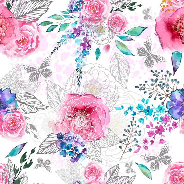 Nahtloser Hintergrund Aquarell Blumen. Vektorillustration — Stockvektor