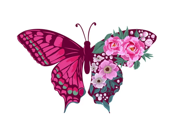 Бабочка из цветов. Отпечаток футболки. Векторная иллюстрация — стоковый вектор