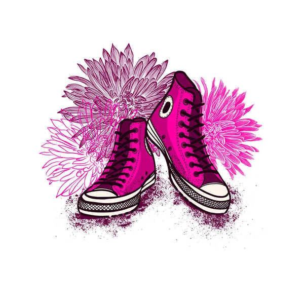 Pink sneakers with flowers. Vector illustration — Stock Vector