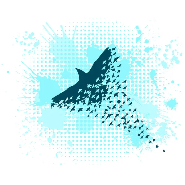 En flock blå fåglar. Abstrakt mosaikflygande fågel. Vektorillustration — Stock vektor