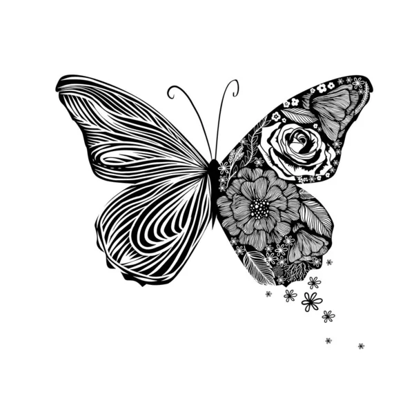 Mariposa monocroma de los patrones. Ilustración con dibujos vectoriales para tatuajes, carteles o estampados. Dibujo dibujado a mano. Recogida de insectos. — Vector de stock