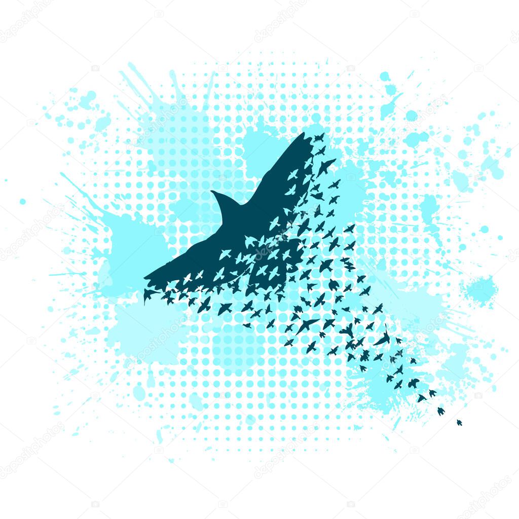 A flock of blue birds. Abstract mosaic flying bird. Vector illustration